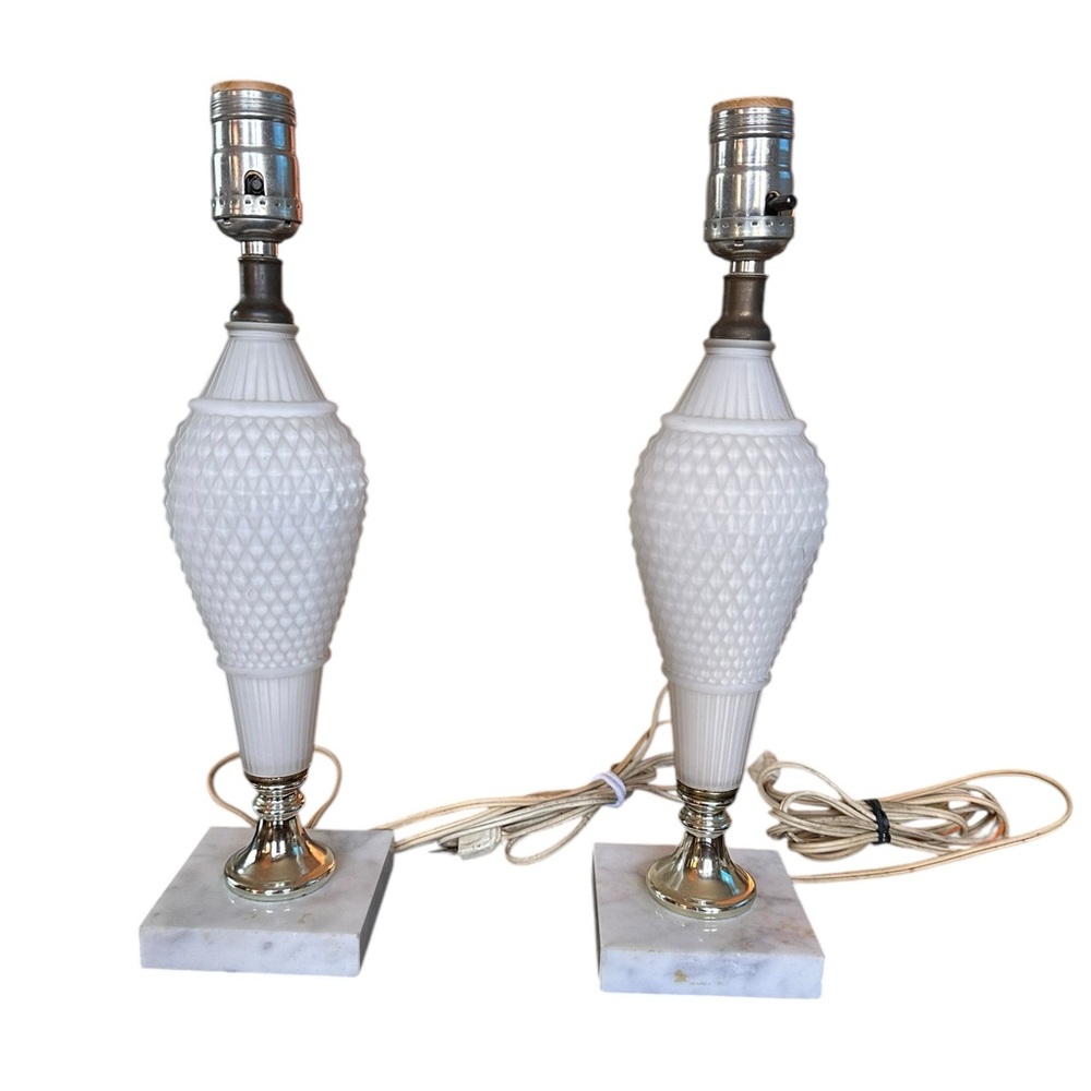 (2) Vintage Desk Lamp Pair Milkglass Raised Diamond Project Piece Marble Base